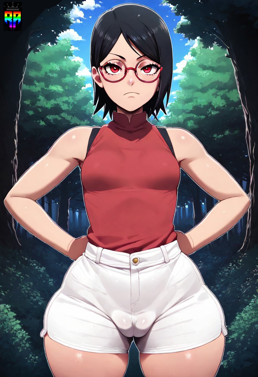 ai generated, ass, big ass, big hips, boruto: naruto next generations, breasts, bubble ass, bubble butt, cute face, female, naruto, naruto (series), repartz, sarada uchiha, shorts, slender body, small breasts, thick thighs, white shorts, wide hips