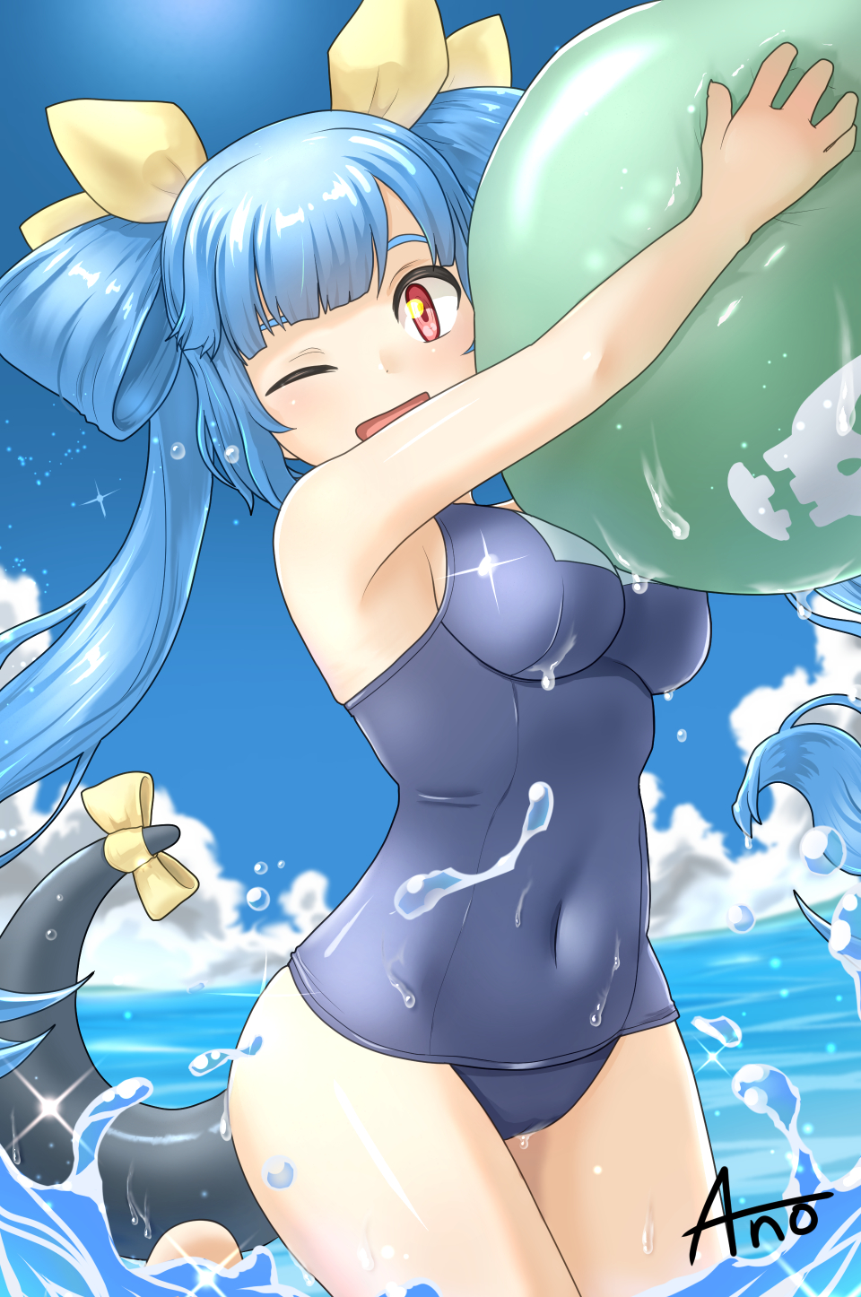 1girls 2020s 2024 ano_(fjcd7247) arms_up artist_name ball bare_shoulders beachball blue_hair blue_sky breasts cloud covered_navel dizzy_(guilty_gear) female guilty_gear hair_rings holding holding_ball looking_at_viewer medium_breasts monster_girl ocean one_eye_closed open_mouth red_eyes ribbon school_swimsuit sideboob sky solo sparkle swimsuit tail tail_ornament tail_ribbon thighs wet wet_clothes wet_swimsuit yellow_ribbon