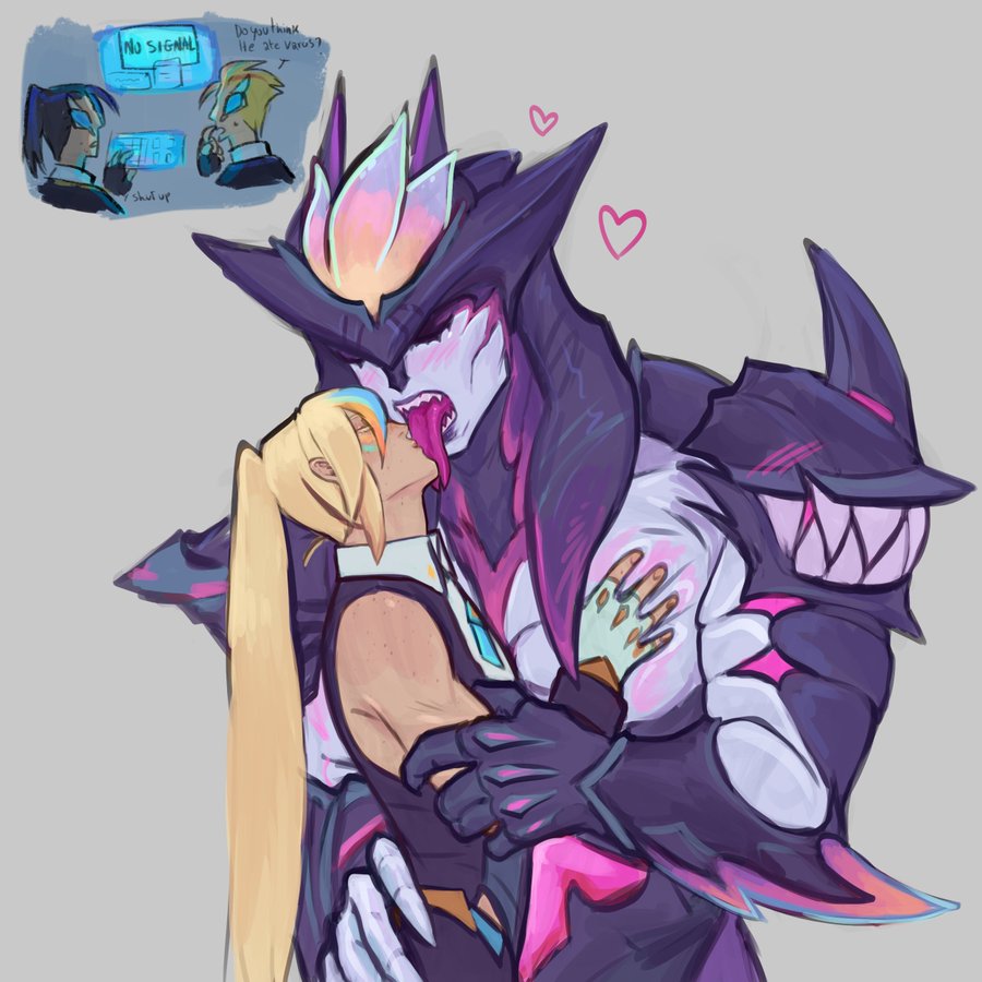 2boys aatrox anima_squad_series big_pecs blonde_hair blush blush_lines blushing forked_tongue gay grabbing_another's_breast kissing league_of_legends long_hair long_tongue male male_only muscular_male ponytail primordian_aatrox shark_humanoid sharp_teeth varus