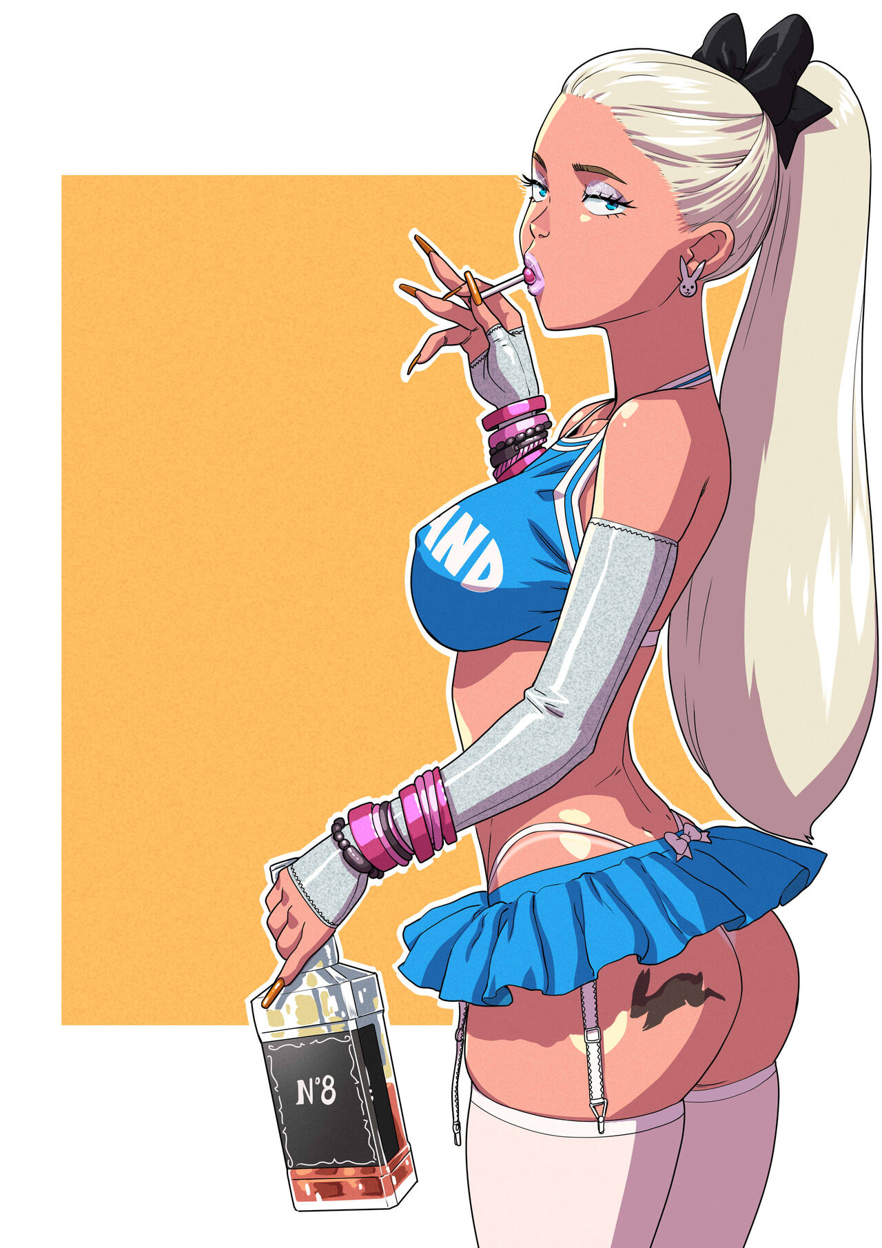 1girls alcohol alice_in_wonderland alice_liddell ass ass_tattoo blonde_hair blue_eyes bottle disney earrings elbow_gloves female female_only fingerless_gloves french_nails g-string gyaru lipstick lollipop long_nails looking_at_viewer makeup microskirt miniskirt nail_polish panties platinum_blonde_hair revealing_clothes sexually_suggestive skimpy_clothes skirt slutty_outfit solo solo_female stockings tattoo_on_ass tekuho thighhighs thong whale_tail whiskey whiskey_bottle