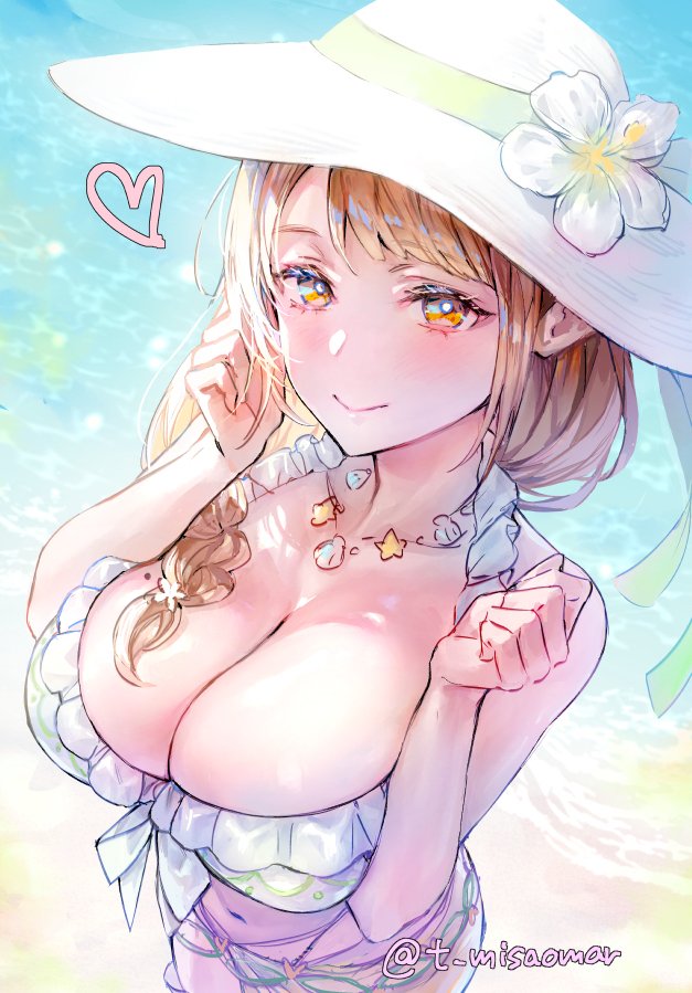 1girls alternate_costume bare_arms beach bikini braid breasts brown_hair cleavage female female female_only fire_emblem fire_emblem_engage fire_emblem_heroes flower goldmary_(fire_emblem) goldmary_(summer)_(fire_emblem) hair_over_shoulder hat hat_flower heart jewelry large_breasts long_hair looking_at_viewer mole mole_on_breast navel necklace nintendo ocean outdoors sarong shell side_ponytail smile solo sun_hat swimsuit t_misaomaru white_bikini white_swimsuit yellow_eyes yellow_sarong