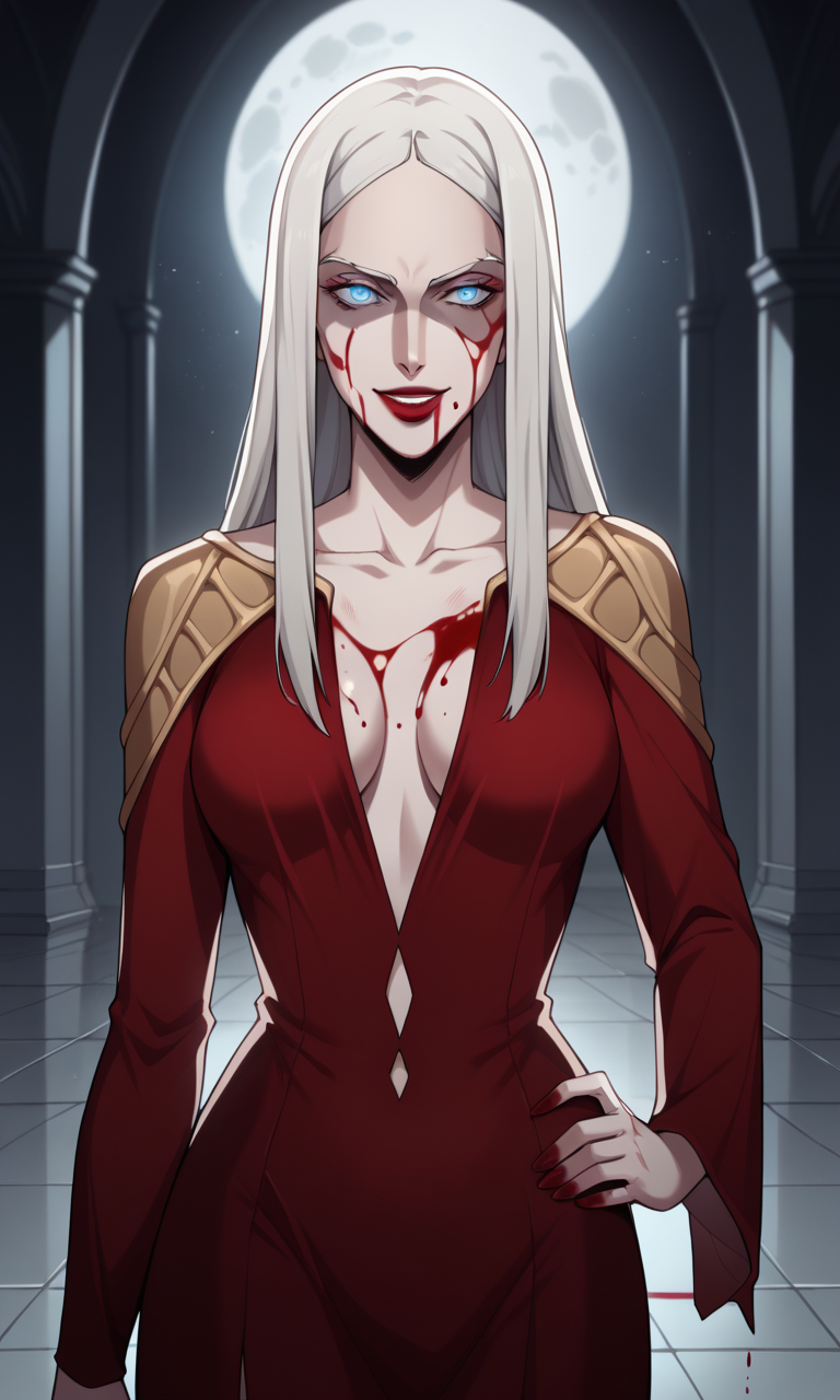 1girls ai_generated bigmic145 blood breasts carmilla_(castlevania) castlevania castlevania_(netflix) cleavage horror lips long_hair medium_breasts red_dress vampire white_hair yandere