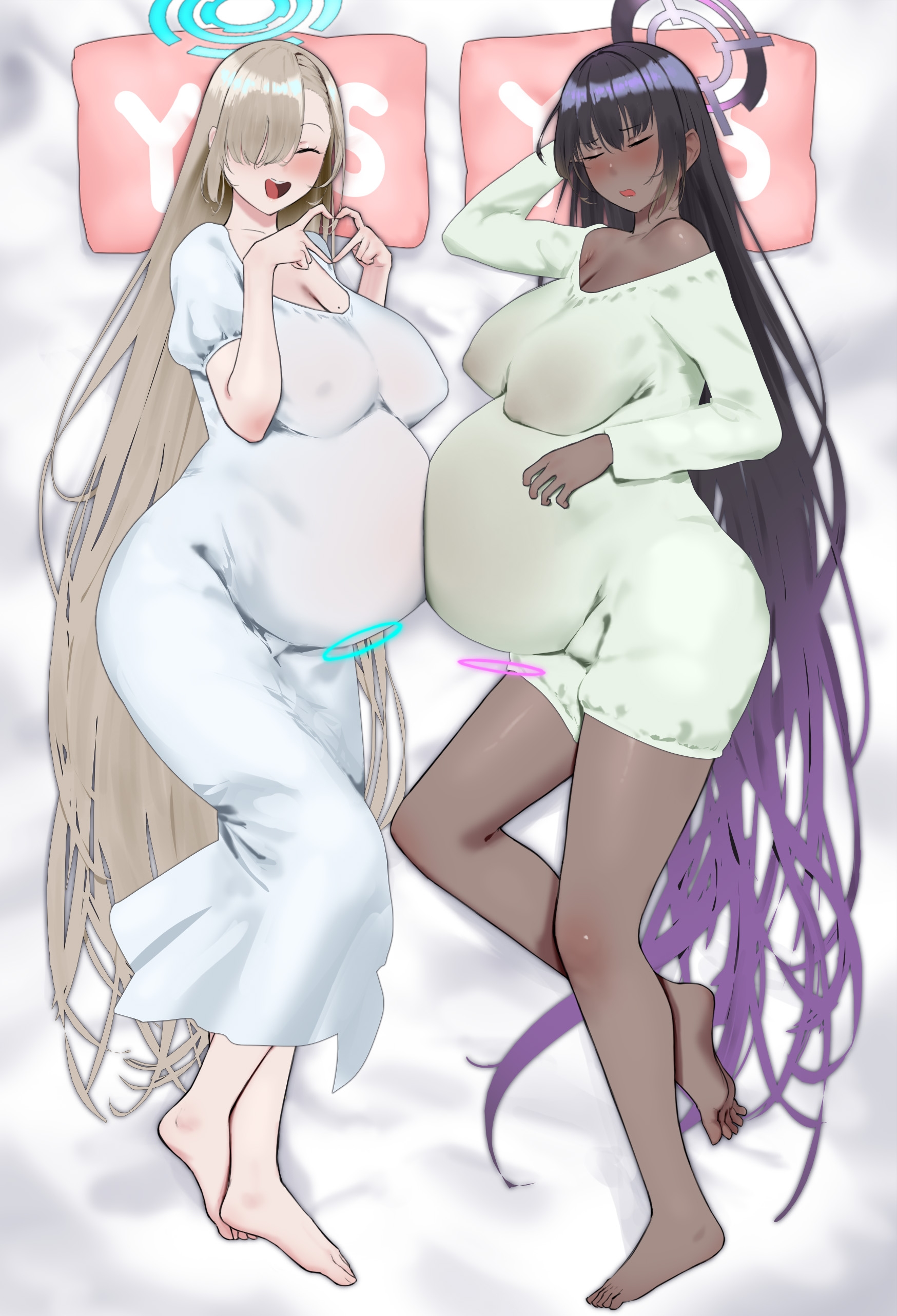 2girls, 2pregnancy, asuna (blue archive), barefoot, bellies touching, blonde hair, blue archive, dark-skinned female, double pregnancy, female, female only, full body, halo, inonice01, karin (blue archive), laying on bed, light-skinned female, lying, maternity clothes, maternity dress, multiple girls, multiple pregnancies, nightgown, pajamas, pregnancy, pregnancy halo, pregnant, pregnant belly, pregnant belly to pregnant belly, pregnant female, yes-no pillow