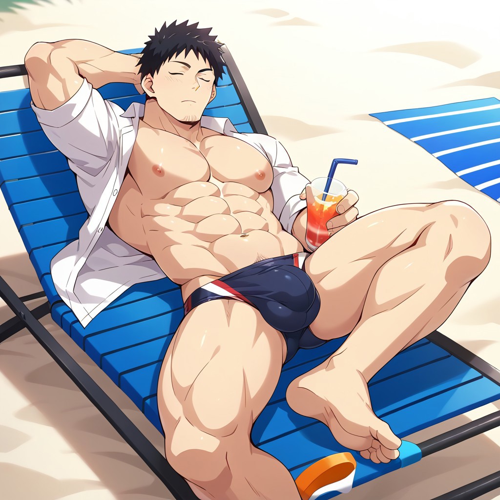 ai_generated bara beach gay my_senpai_is_annoying pecs sleeping solo_male takeda_harumi_(shiromanta)