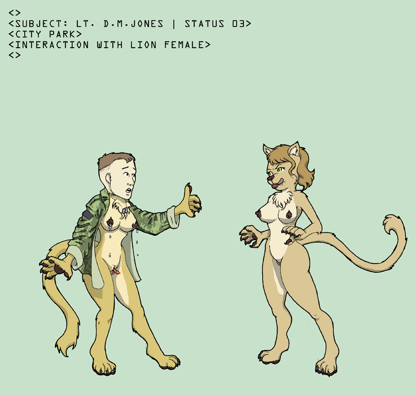 2013 anthro anymouse1968 army_uniform brown_body brown_fur brown_hair brown_lips claws dark_nipples digital_media_(artwork) duo felid female fur futanari gender_transformation green_eyes hair herm human intersex light_body light_skin lion lips long_tail mammal military mtf_transformation pantherine simple_background soldier source_request tail transformation warrior