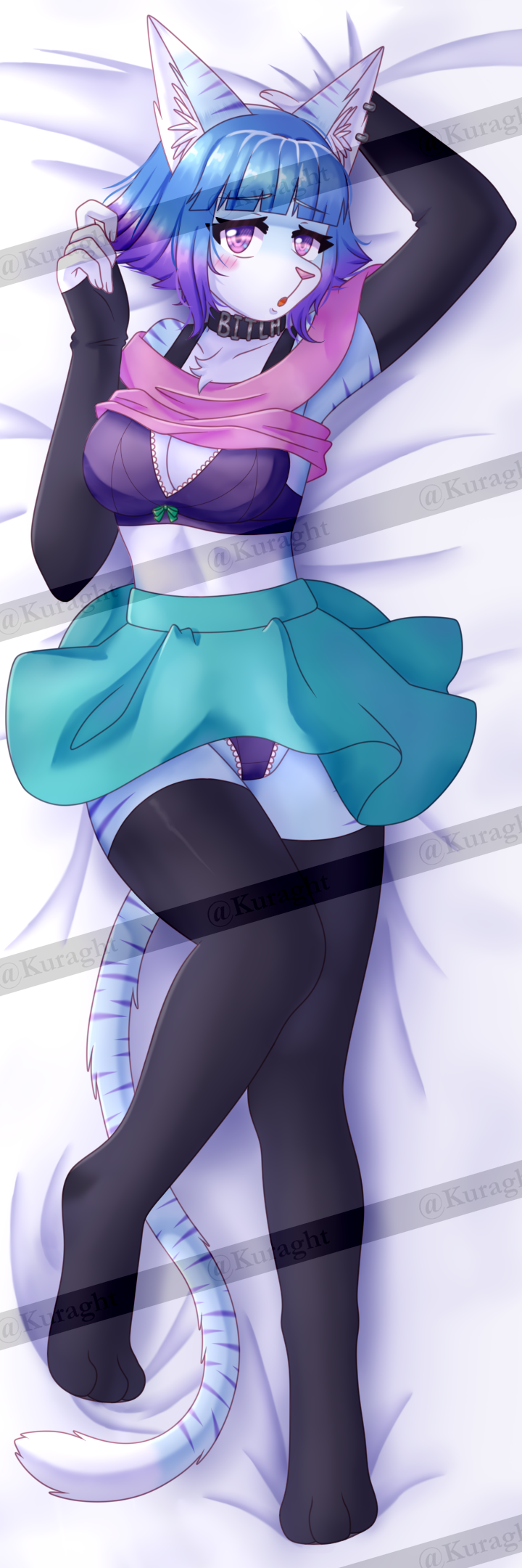 art bed blue_body blue_fur blue_hair bra breasts dakimakura dakimakura_design dakimakura_pose feline fox furry furry_art furry_artwork illustration kazi(oc) kuraght nsfw oc original_character panty purple_eyes purple_hair shirt shirt_up skirt skirt_up white_body white_fur