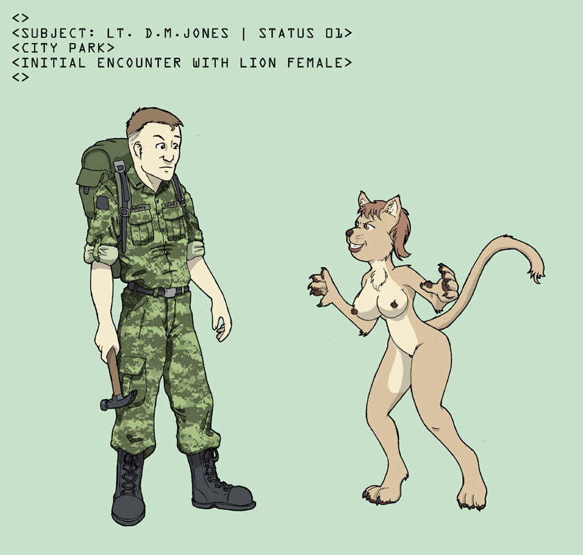 2013 anthro anymouse1968 army_uniform brown_body brown_eyes brown_fur brown_hair brown_lips claws dark_nipples digital_media_(artwork) duo felid female fur hair hammer human light_body light_skin lion lips long_tail male mammal military pantherine simple_background soldier source_request tail tools warrior