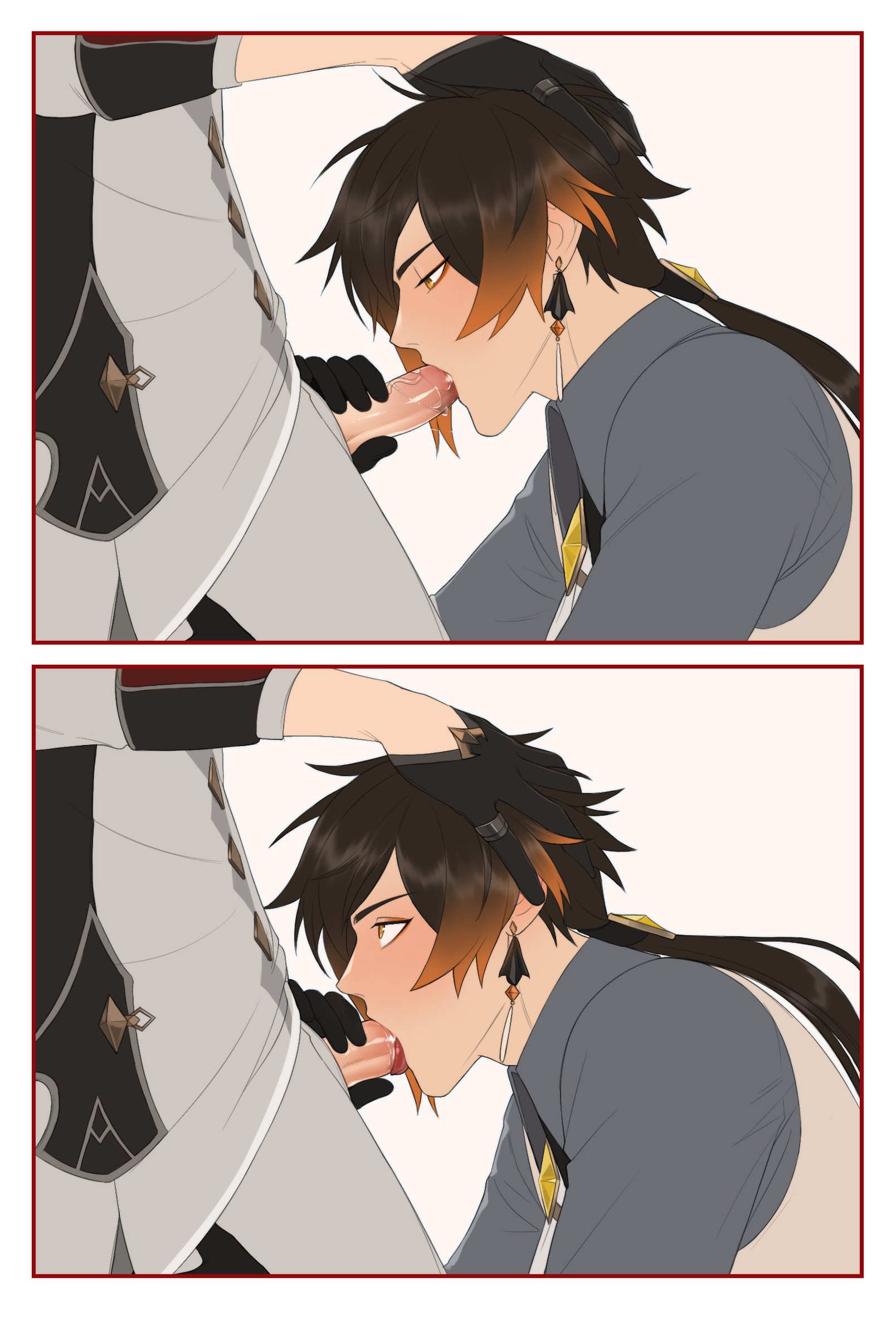 blowjob, childe (genshin impact), gay, genshin impact, looking up, male, male only, male/male, riffraffhellyea, tartaglia (genshin impact), yaoi, zhongli (genshin impact)