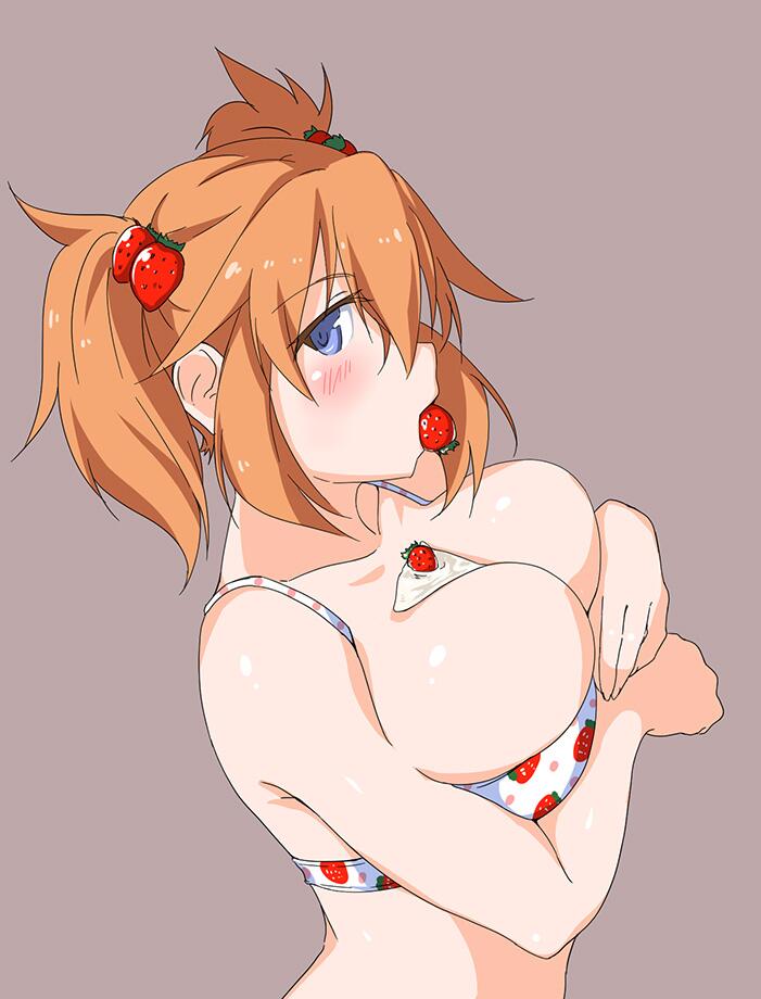 alternate_hairstyle arm between_breasts bikini_top blue_eyes blush bra breast_hold breast_lift breasts charlotte_e_yeager collarbone female food food_between_breasts food_in_mouth fruit hair_ornament kadokawa_shoten kuronyan large_breasts looking_at_viewer looking_right mouth_hold no_nipples orange_hair sexually_suggestive short_hair sideboob solo strawberry strawberry_hair_ornament strawberry_print strike_witches tied_hair twintails