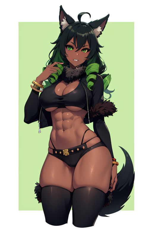 1girls ai_generated anthro black_bra black_hair black_panties black_tail breasts curly_hair dog_girl dog_tail drill_hair female fully_clothed green_eyes green_hair large_ass large_breasts long_hair looking_at_viewer meinu_toriku multicolored_hair navel open_mouth tail thighhighs thighs