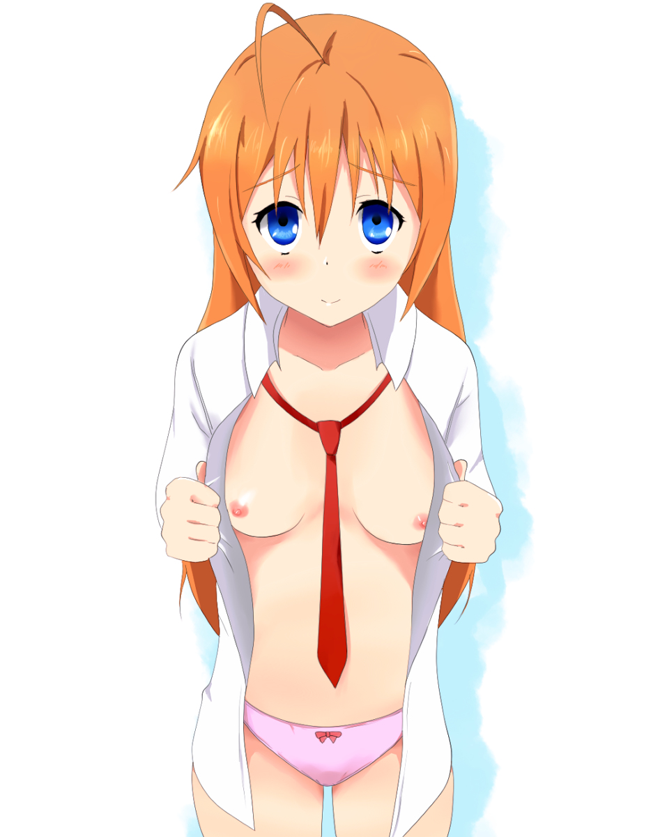 blue_eyes crossdressing_female konoe_subaru looking_at_viewer mayo_chiki! no_bra open_shirt opening_shirt orange_hair pink_panties pointy_chin red_tie sad small_breasts subaru_konoe