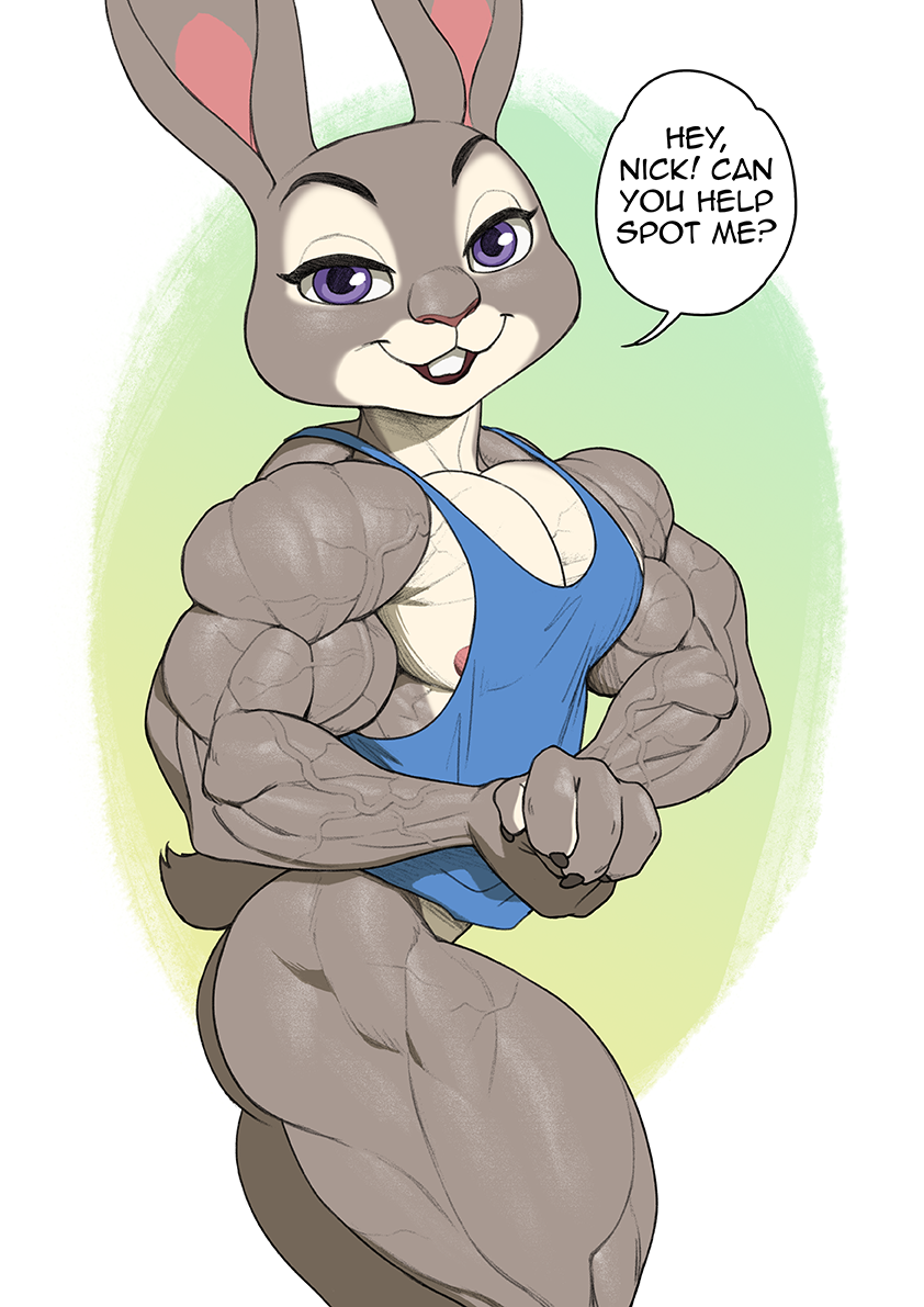 anthro biceps big_muscles bottomless bottomless_anthro bottomless_female breasts clothed clothing disney extreme_muscles female flexing fur grey_body grey_fur huge_muscles hyper hyper_muscles judy_hopps lagomorph leporid mammal muscular muscular_anthro muscular_female nipple_slip nipples pecs pink_nipples pokkuti pose purple_eyes rabbit shirt small_breasts solo speech_bubble tank_top topwear topwear_only white_body white_fur zootopia