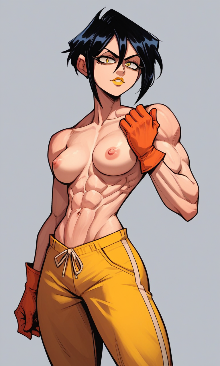 abs ai_generated black_hair fit fit_female kosine1777 kosineverse medium_breasts muscle_girl muscular muscular_female orange_gloves original original_character serena_(kosine1777) short_hair superheroine tomboy toned toned_abs toned_female topless valbun_style yellow_eyes yellow_lipstick yellow_pants