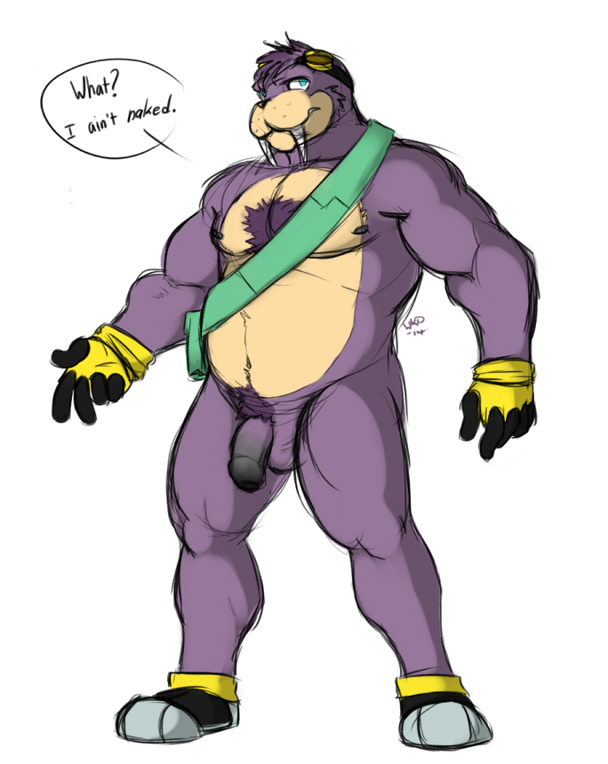 balls belly biceps blue_eyes boots chest_tuft chubby dialog eyewear fur gloves goggles male male_only musclegut muscles pecs penis plain_background pose purple_fur rotor_the_walrus sega solo sonic_(series) text tuft tusks uncut walrus wkd