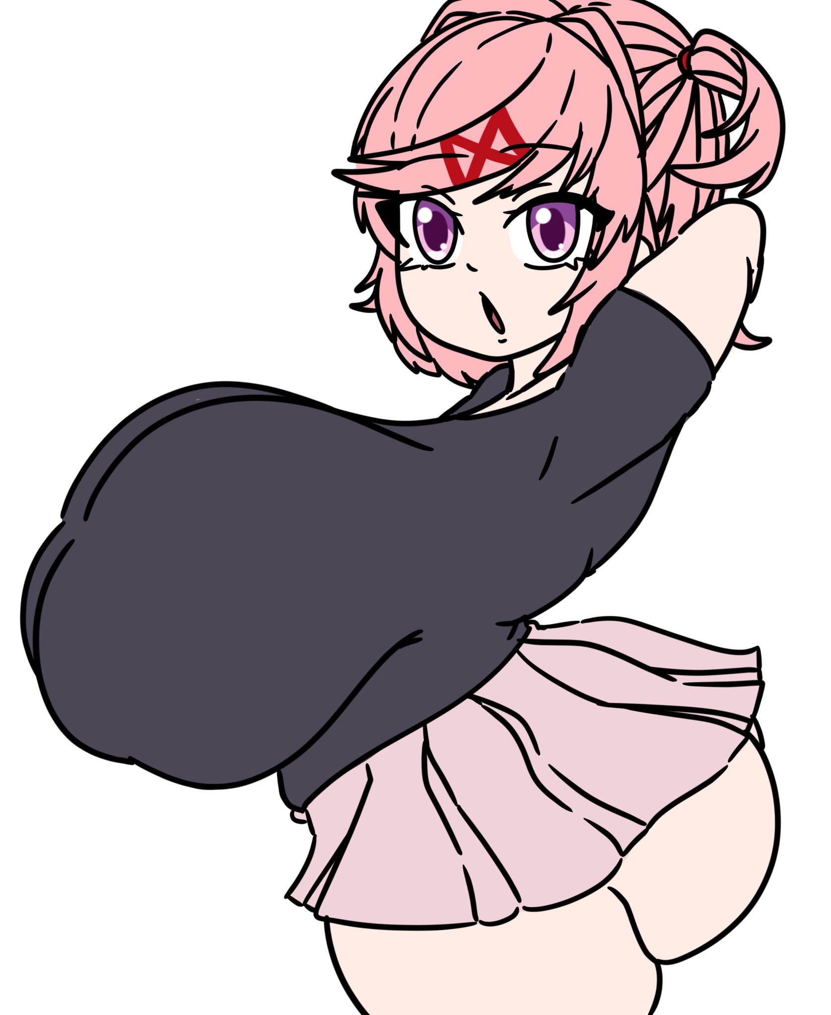 1girls, alternate breast size, areola bulge, arms behind back, ass, bad anatomy, black shirt, brat, breasts, breasts bigger than head, doki doki literature club, fat ass, fat breasts, female, female only, hyper, hyper breasts, inakotho, milkers, natsuki (doki doki literature club), no panties, no shading, open mouth, pink hair, pink skirt, plump, plump ass, plump breasts, red hairband, side view, simple background, simple coloring, solo, sparkle, sparkles, sparkling eyes, stop editing out inakotho tag you dumbass, tagme