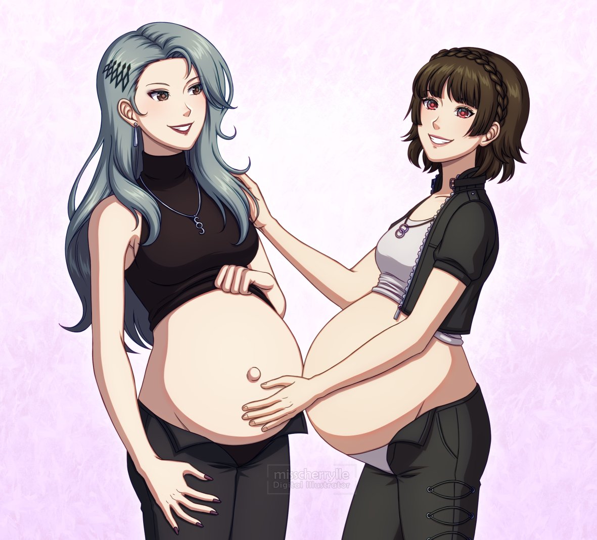 2girls big_belly bloated_belly brown_eyes brown_hair clothed clothing female female_only grey_hair hand_on_belly long_hair makoto_niijima misscherrylle multiple_pregnancies navel outie_navel persona persona_5 pregnant pulling_up_shirt sae_niijima sisters smile smiling unbuttoned_pants wardrobe_malfunction