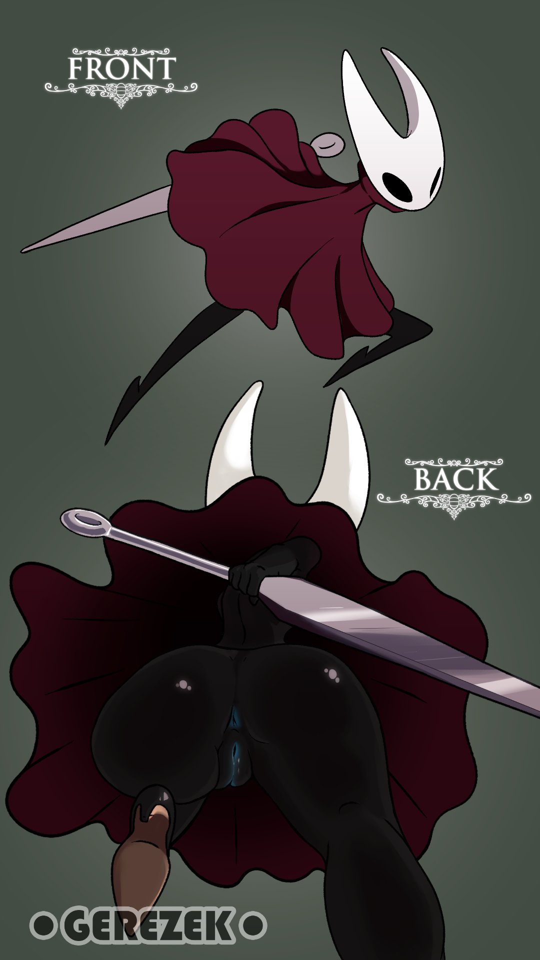 1girls, 2d, 2d (artwork), alternate version at source, anus, artist name, ass, casual, dark skin, female, futa version available, game ui, gerezek, heels, hollow knight, hollow knight: silksong, hornet (hollow knight), low angle view, needle, no panties, nonsexual, nonsexual nudity, outerwear, pussy, tagme, underneath view, vagina, weapon