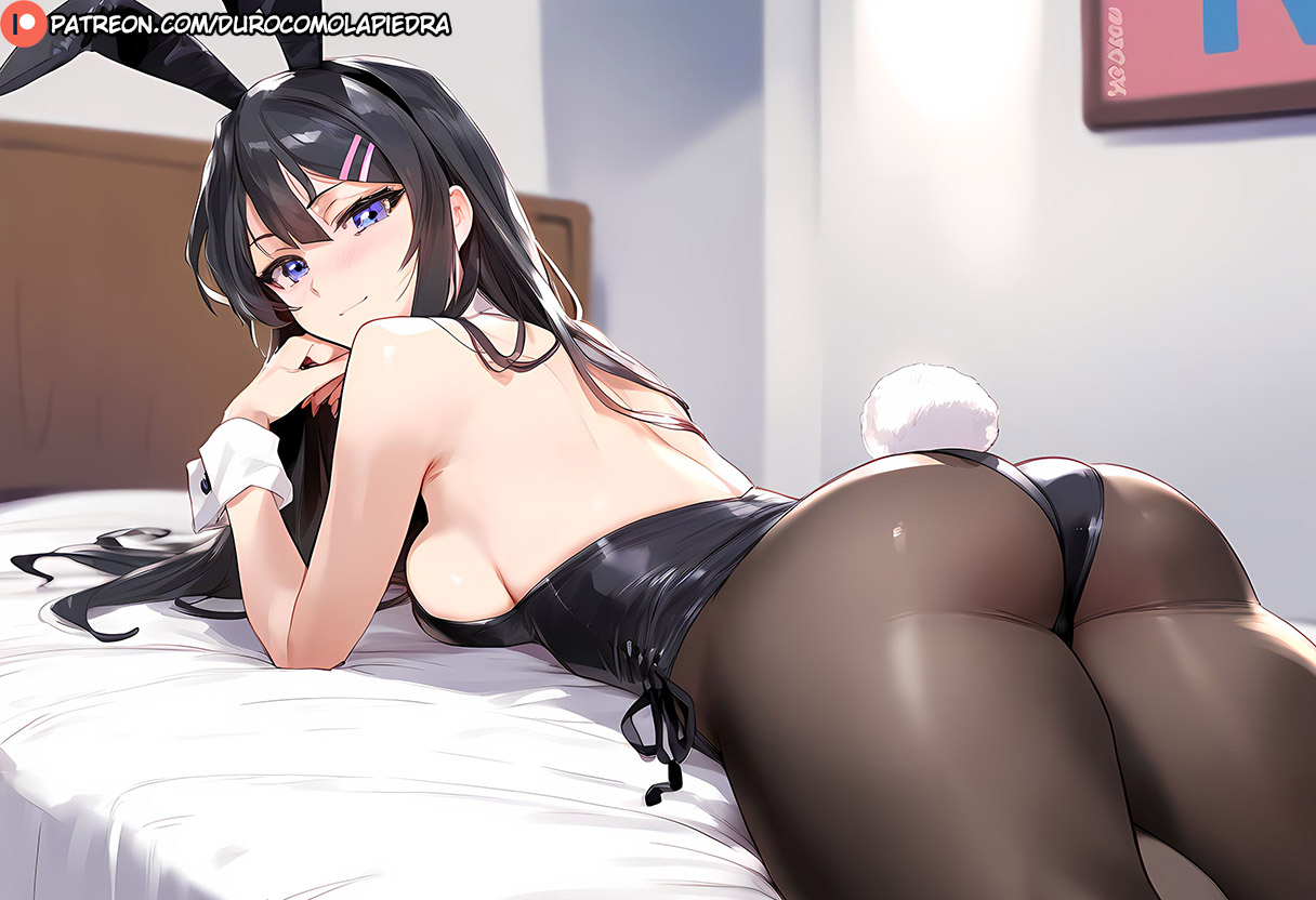 1girls, ai generated, ass, bedroom, dclp, female, on bed, on stomach, playboy bunny, sakurajima mai, seishun buta yarou wa bunny girl senpai no yume wo minai