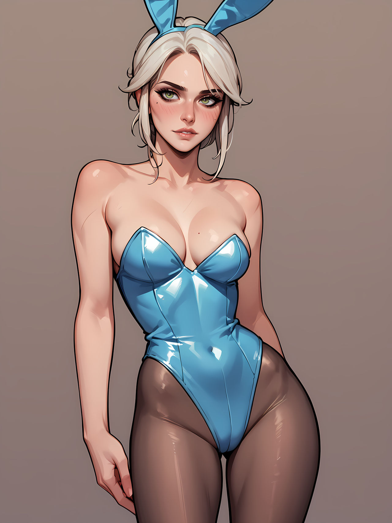 ai generated, breasts, bunny ears, bunny girl, bunnysuit, ciri, female, green eyes, light skin, light-skinned female, looking at viewer, solo, the witcher (series), the witcher 3: wild hunt, white hair, ximiral
