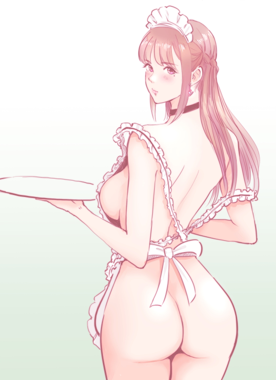 1girls acilealaulica ass back_view brown_eyes brown_hair choker female female_only french_maid light_brown_hair maid maid_apron maid_headdress partially_clothed plate revealing_clothes skimpy_clothes standing