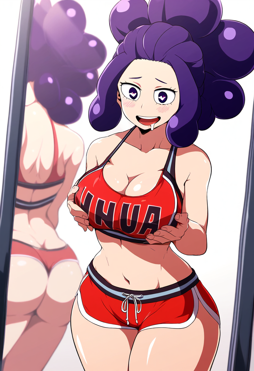 ai_generated ass boku_no_hero_academia cleavage drool drooling female_mineta genderswap_(mtf) grabbing_own_breast groping groping_breasts highres medium_breasts micro_shorts mineta_minoru minoru_mineta mirror my_hero_academia nai_diffusion purple_eyes purple_hair red_shorts reflection rubycks rule_63 self_fondle short_shorts shorts solo solo_female solo_focus sports_bra sportswear wedgie