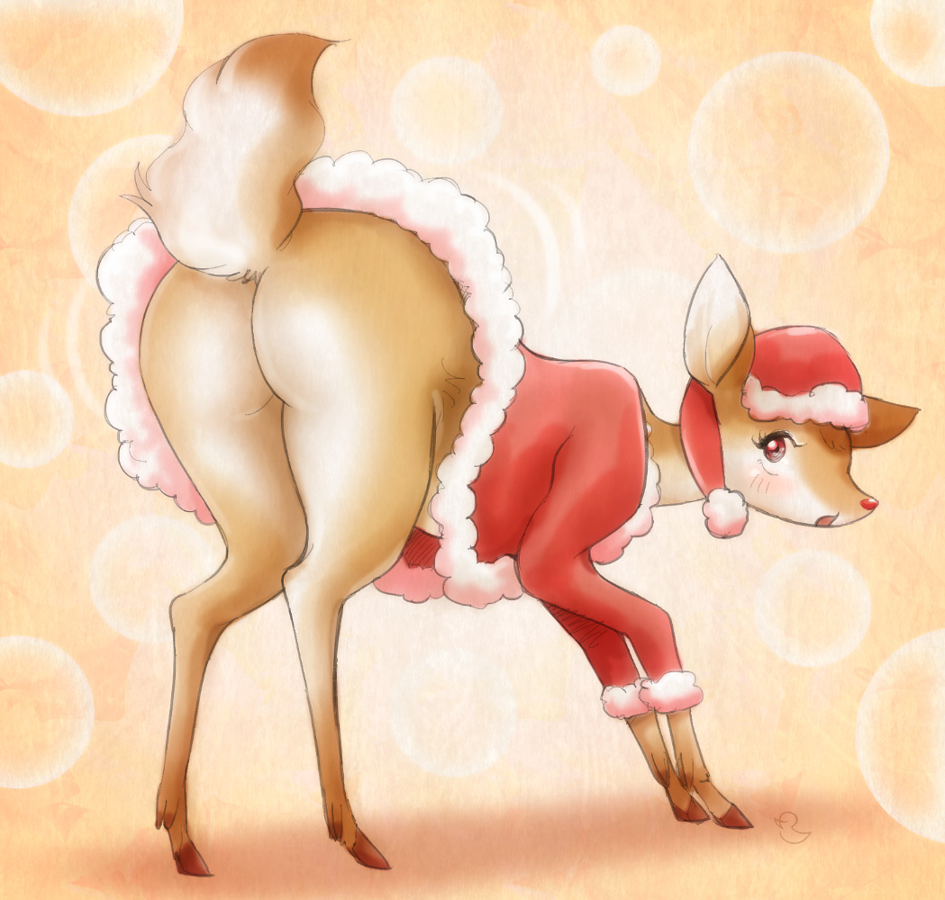 ahiru8 ass blush cervine clothing deer female furry red_eyes santa_hat santa_suit solo tail