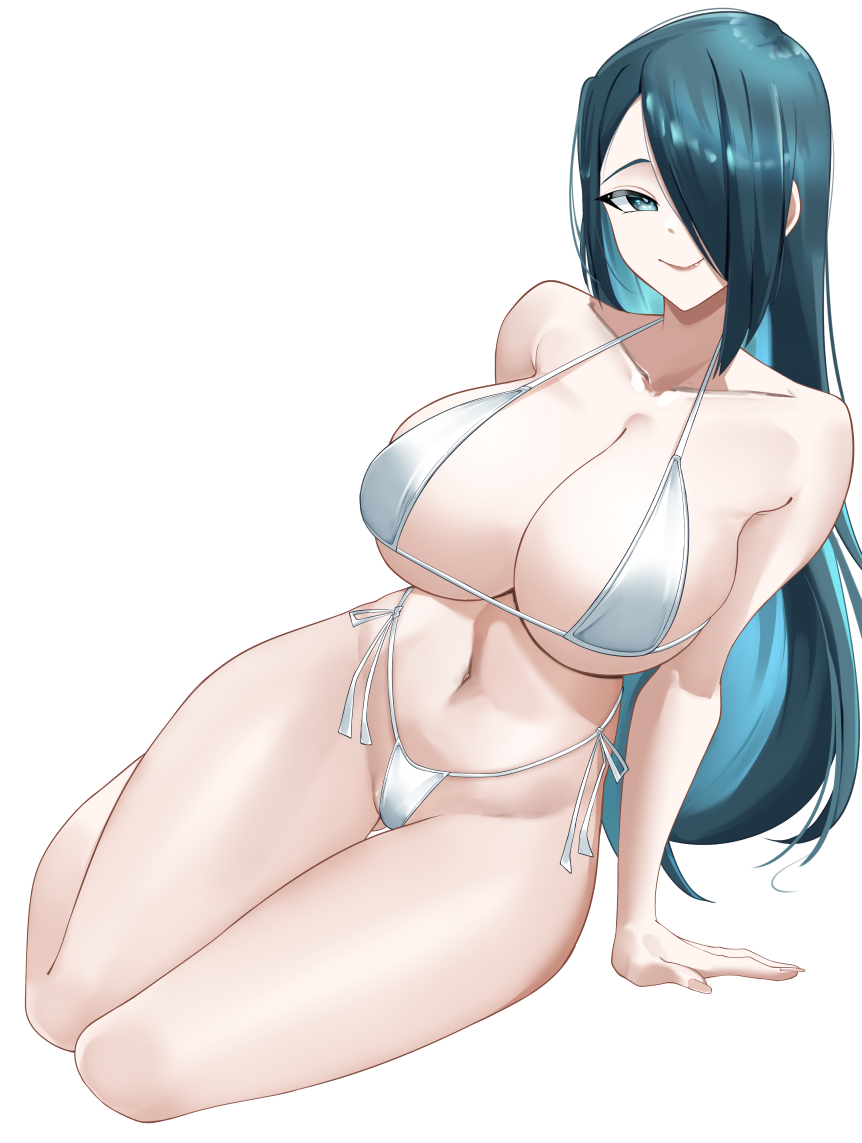 azuma_fubuki blue_eyes blue_hair cleavage curvaceous hair_over_one_eye large_breasts long_hair looking_at_viewer mato_seihei_no_slave milf smiling smiling_at_viewer sorabluesky swimsuit