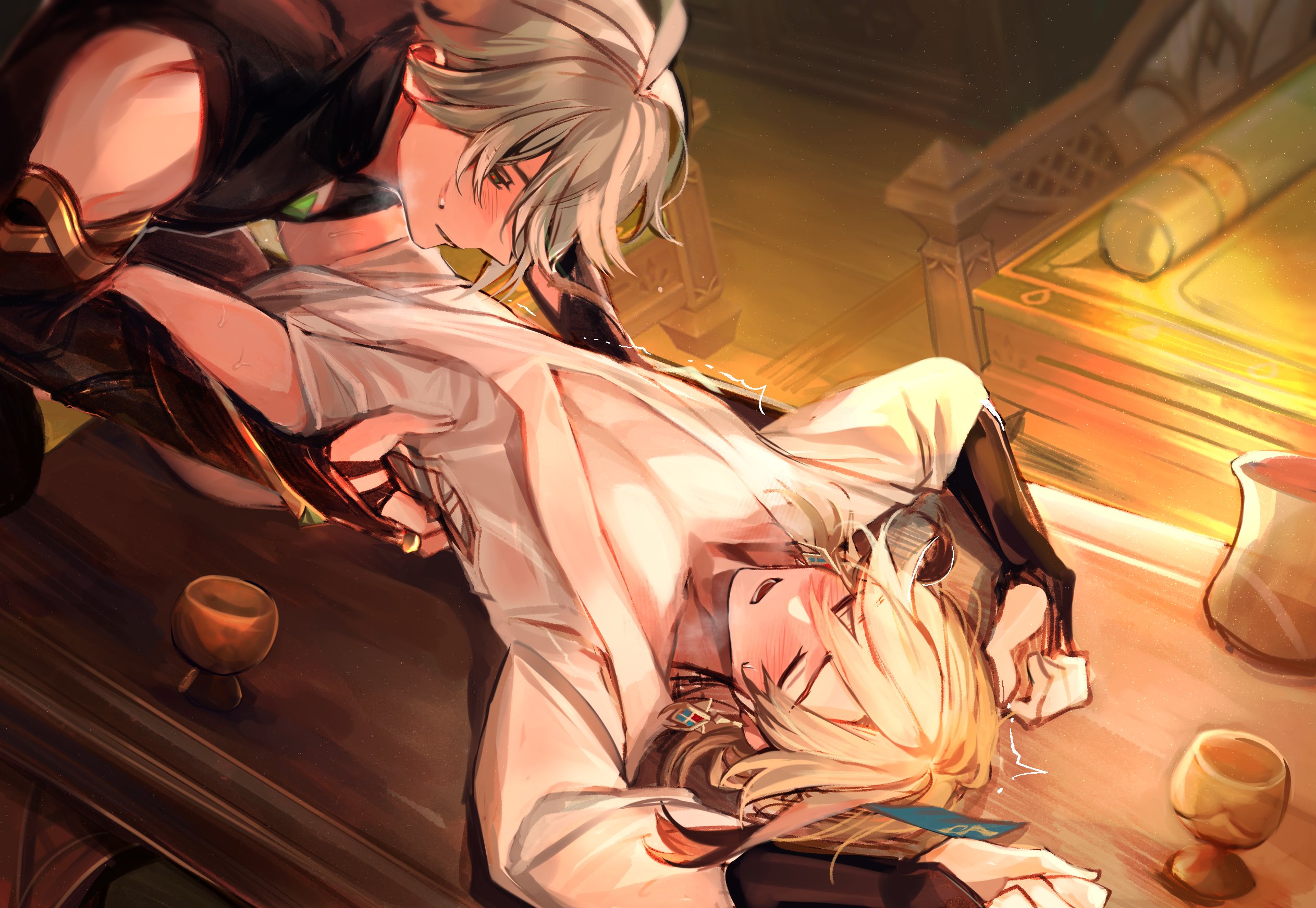 2boys, alhaitham (genshin impact), blonde hair, blush, blush lines, bottomless, drunk, femboy, gay, genshin impact, grey hair, heavy breathing, holding waist, kaveh (genshin impact), lying on back, lying on table, male, male only, male/male, muscular, muscular male, no visible genitalia, table, thin waist, twink, waist grab, yaoi