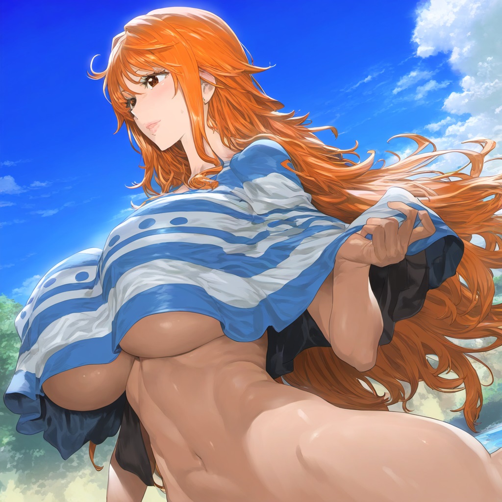 ai_generated bottomless breasts brown_eyes cleavage female female_focus female_only huge_breasts nami nami_(one_piece) one_piece orange_hair plusmolfa poncho post-timeskip solo thick_thighs thighs underboob