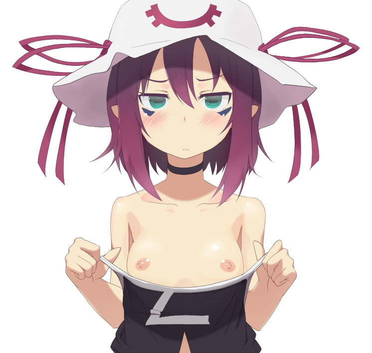 :< blush choker embarrassed facial_mark green_eyes hat looking_at_viewer merry_nightmare nipples pointy_ears purple_hair short_hair small_breasts symbol-shaped_pupils undressing yumekui_merry