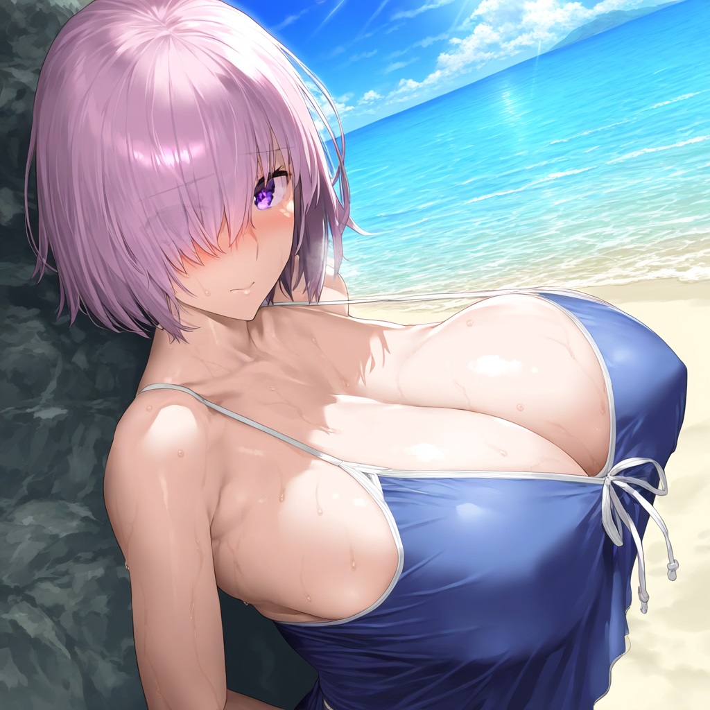 ai_generated big_breasts breasts fate/grand_order fate_(series) gigantic_breasts huge_breasts large_breasts mash_kyrielight mashu one-piece_swimsuit plusmolfa shielder_(fate) type-moon