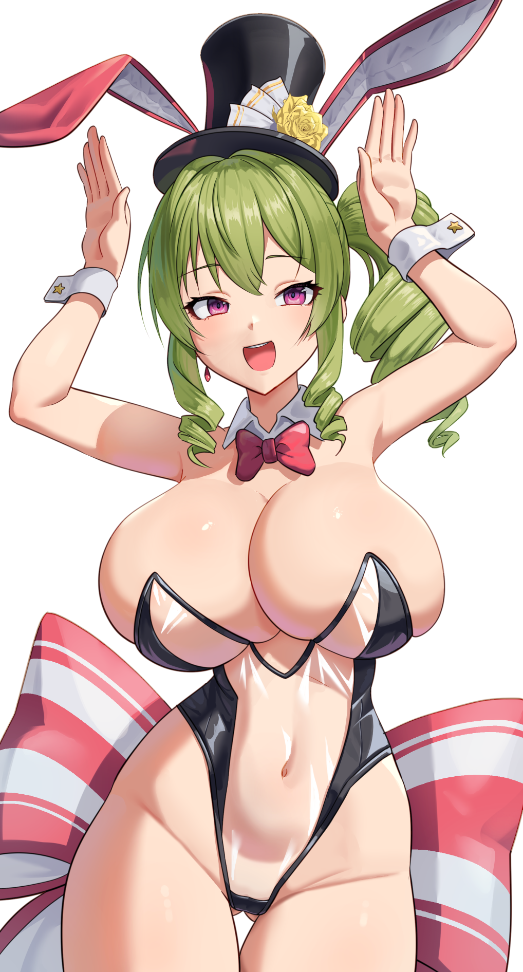 ajidot bowtie breasts bunnysuit cleavage detached_collar detached_sleeves earrings erato_(last_origin) fake_rabbit_ears green_hair hat huge_breasts last_origin leotard navel pink_eyes see-through side_ponytail thigh_gap top_hat white_background