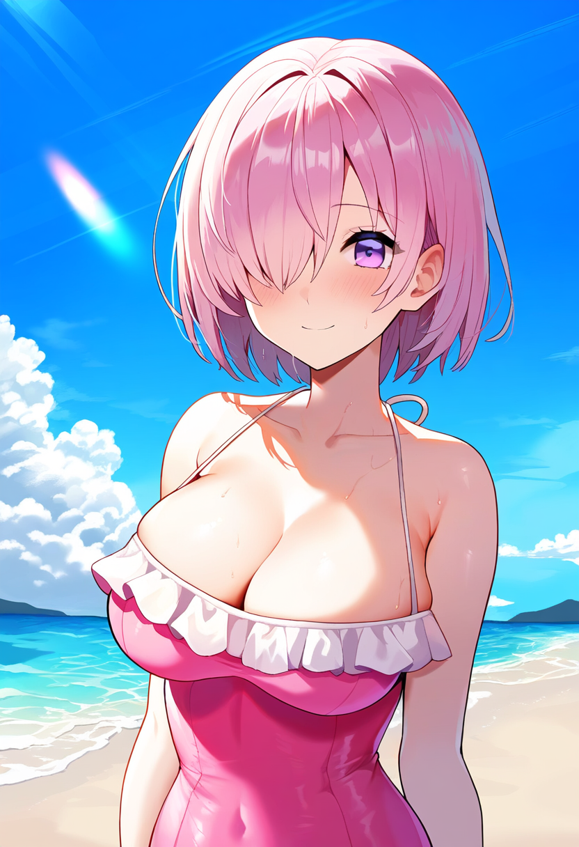 1girls ai_generated collarbone fate/grand_order fate_(series) mash_kyrielight mashu moon_mirror one-piece_swimsuit pink_hair shielder_(fate) shielder_(fate/grand_order) solo type-moon