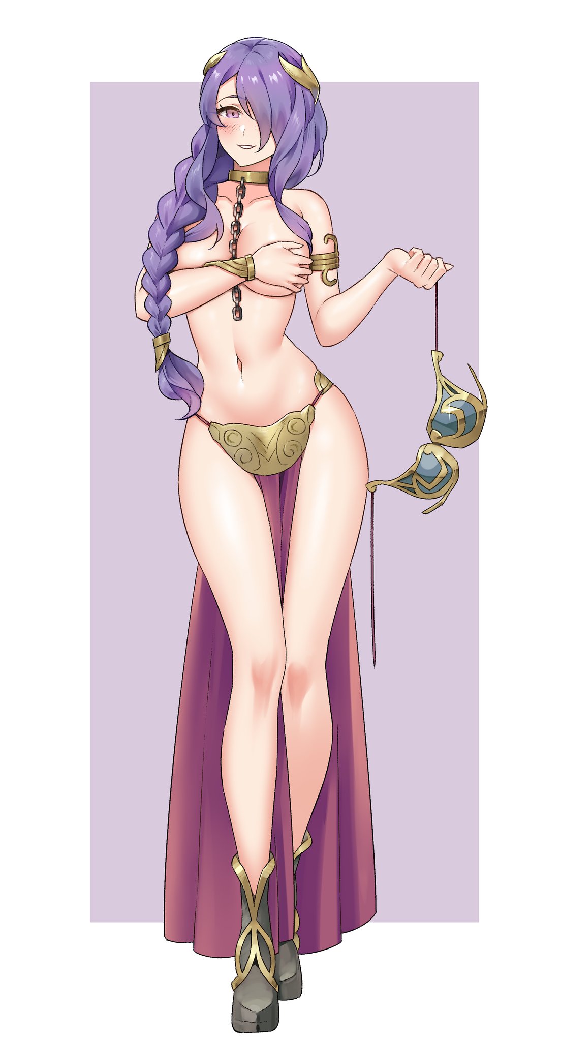 1girls ] alternate_costume alternate_hairstyle armlet belly_dancer belly_dancer_outfit bikini black_footwear blush boots braid breasts camilla_(fire_emblem) chain chain_leash chains collar commission cosplay covering_breasts covering_privates crossover female female_only fire_emblem fire_emblem_fates freckles full_body grin hair_ornament hair_over_one_eye harem_girl harem_outfit highres holding_bra igni_tion jewelry large_breasts lavender_hair leash loincloth long_hair looking_at_viewer metal_bikini metal_collar navel one_eye_covered pelvic_curtain princess_leia_(cosplay) purple_eyes purple_hair revealing_clothes shoes slave slave_bikini slave_collar slave_leia_(cosplay) slave_outfit slavegirl smile solo star_wars stomach swimsuit unworn_bikini_top