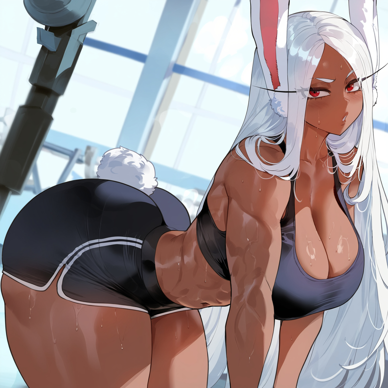 1girls, ai generated, ass, black shorts, boku no hero academia, bunny ears, bunny girl, bunny tail, cleavage, creamy ai, female, female only, gym shorts, gym uniform, long hair, miruko, muscular, muscular female, my hero academia, narrow waist, rabbit ears, rabbit girl, rabbit tail, red eyes, rumi usagiyama, shueisha, slim waist, sports bra, thick ass, thick thighs, voluptuous, voluptuous female, weekly shonen jump, white hair