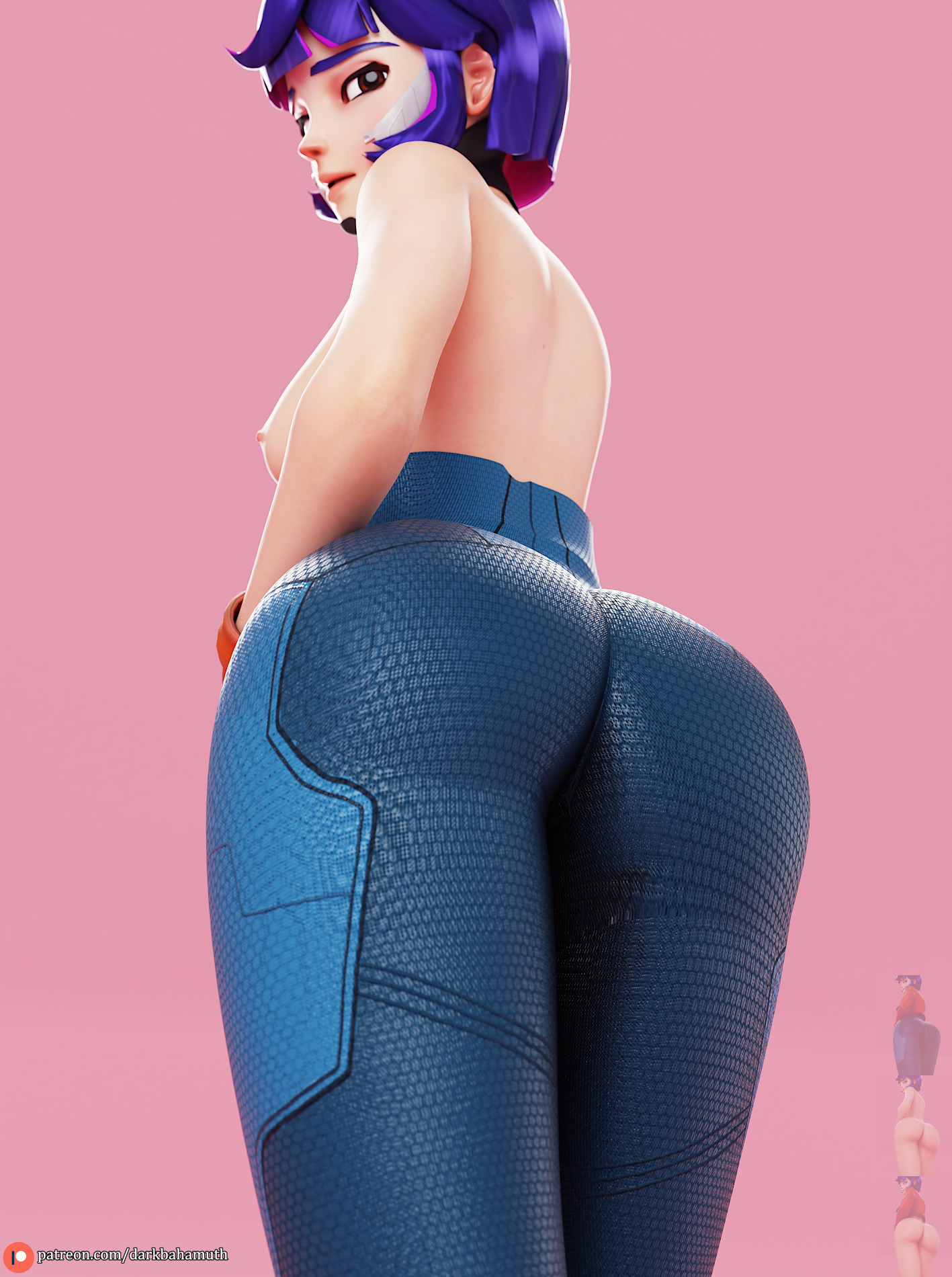 3d, ass, ass focus, butt focus, darkbahamuth, female, juno (overwatch), overwatch, overwatch 2, pants, pinup, topless