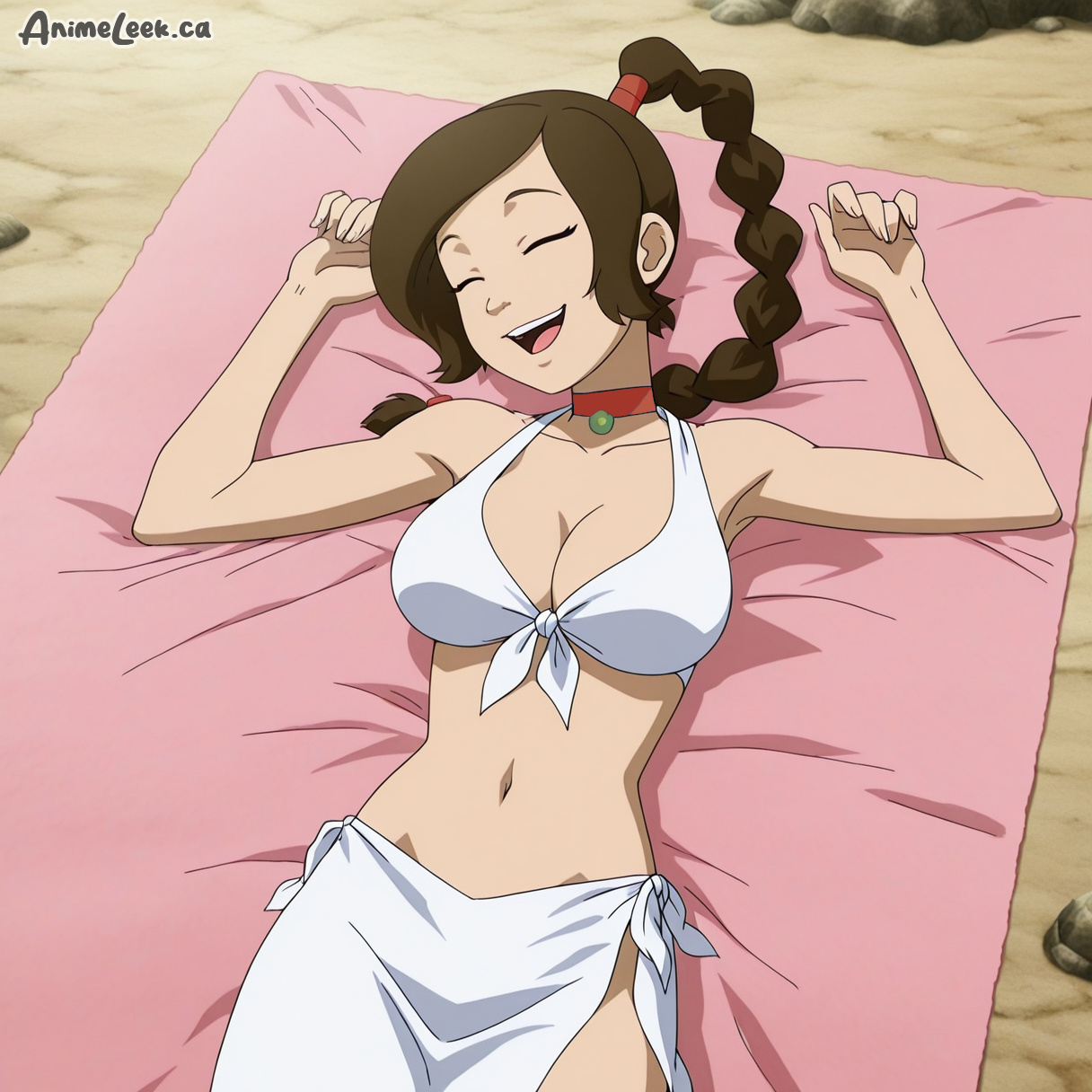 1girls, ai generated, anime leek, avatar the last airbender, beach towel, bikini, swimsuit, ty lee
