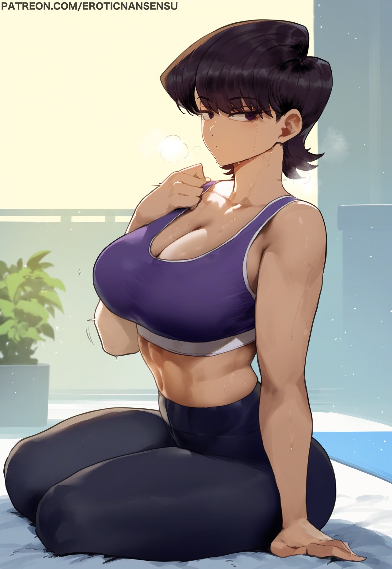 ai assisted, ai generated, big breasts, breasts, erotic nansensu, female, fit, fit female, gym uniform, komi shuuko, komi-san wa komyushou desu, looking at viewer, milf, sports bra, tank top, thick thighs, voluptuous, voluptuous female, yoga pants