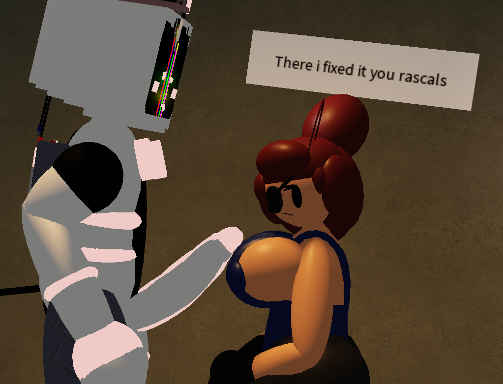 1boy1girl 3d bowtie broken_screen eyepatch gloves glowing_markings glowing_penis goofylookin hairbun hands_together hat imminent_oral large_breasts large_penis looking_away_from_viewer overalls roblox shorts source_request tv_head_robot
