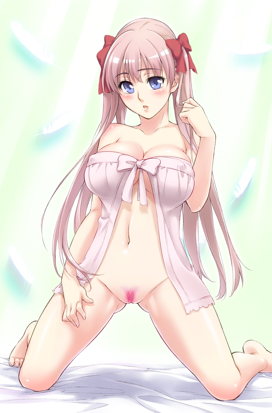 babydoll barefoot blue_eyes blush bottomless bow breasts cleavage collarbone erect_nipples female female_only hair_ribbon hairbow haramura_nodoka highres human kneeling korisei large_breasts long_hair looking_at_viewer navel negligee parted_lips pink_hair ribbon saki solo tied_hair twintails uncensored