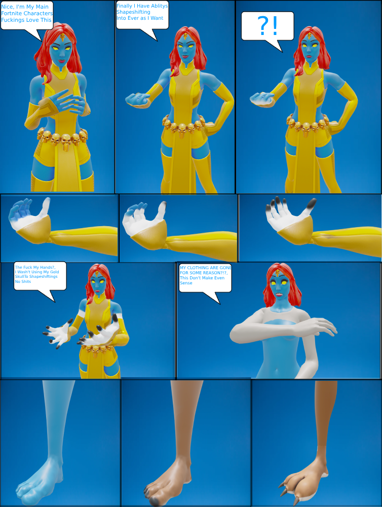 alien alien_girl alien_to_anthro black_eyebrows clothing comic confused confused_face covering_breasts feet fortnite gold_clothing malakisuglypotato_(artlist) meow_skulls_(fortnite) mystique mystique_(fortnite) nude nude_female red_hair shocked skull smile transformation