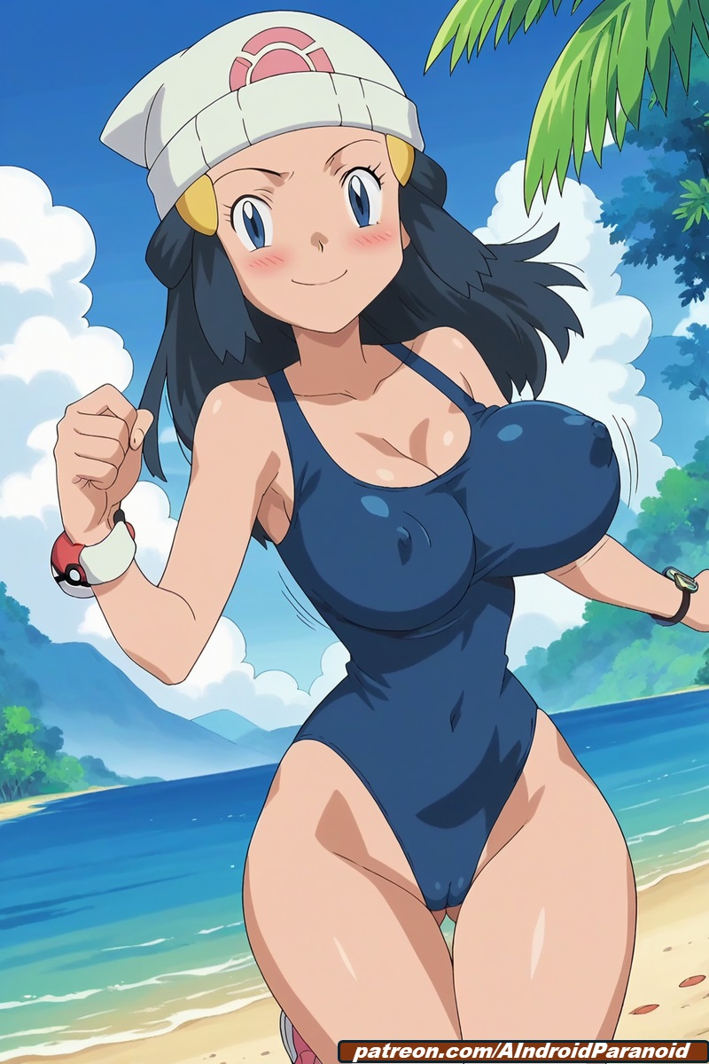 ai generated, aindroidparanoid, beach, big breasts, blue eyes, blue hair, blue swimsuit, bouncing breasts, breasts, cameltoe, covered nipples, dawn (pokemon), female, grabbing own breast, happy, hat, hips, huge breasts, large breasts, one-piece swimsuit, outdoors, outside, pokemon, pussy, running, stable diffusion, tight clothing, wide hips