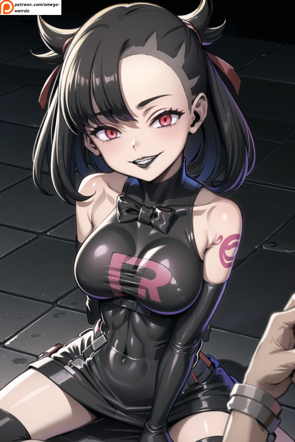 1boy 1girls ai_generated black_hair black_lipstick corrupted corruption enemy_conversion evil_smile femdom lipstick marnie_(pokemon) omega-weirdo omegaweirdo patreon pokemon pokemon_ss red_eyes team_rocket