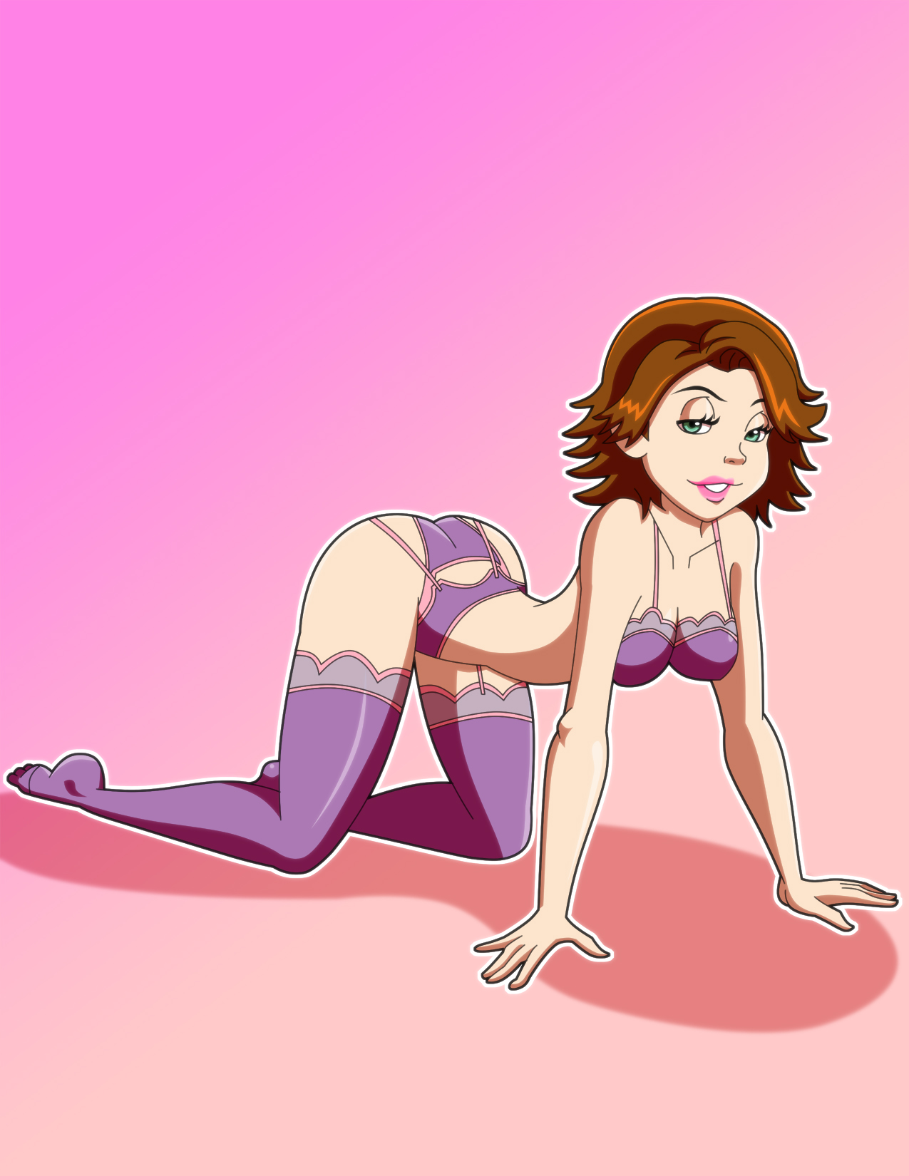 1girls, all fours, ass, bra, breasts, brown hair, cleavage, disney, disney princess, female, female only, green eyes, hanging breasts, human, lingerie, medium breasts, panties, pervyangel, purple bra, purple panties, rapunzel (tangled), short hair, solo, stockings, tangled, thighhighs