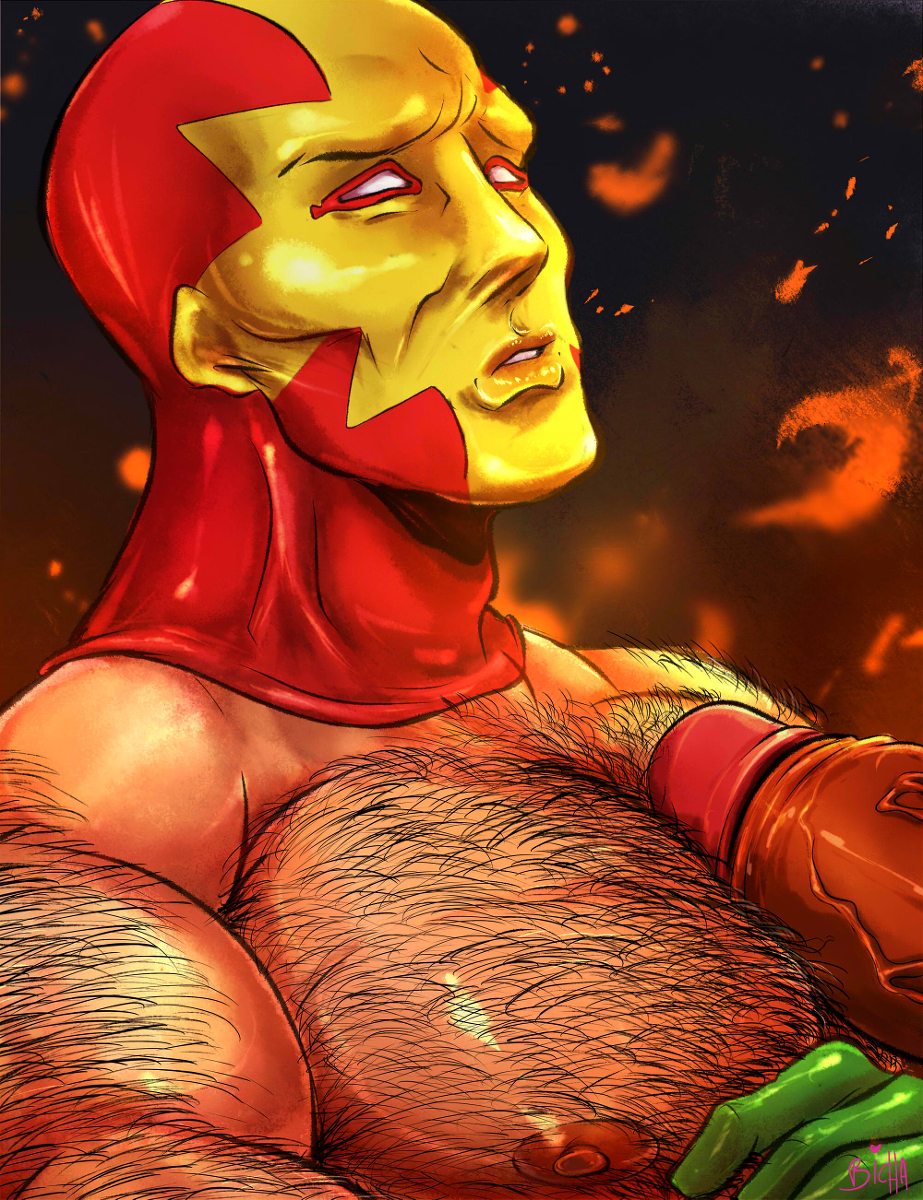 chest_hair cock cock_on_chest dc dc_comics hairy_armpits hairy_chest hairy_male male mask_on_head mister_miracle muscular new_gods scott_free the_new_gods