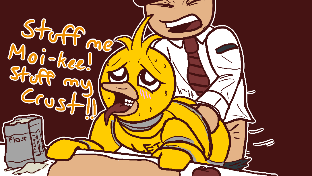 2014 animatronic animatronic_female bent_over blush chica_(fnaf) collared_shirt crisis-omega five_nights_at_freddy's flour from_behind indoors kitchen mike_schmidt red_tie security_guard sex sex_from_behind straight striped_tie tie vaginal_penetration