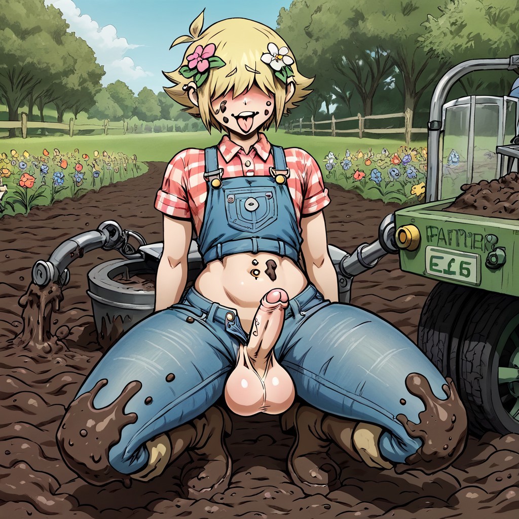 ai_generated basil_(omori) big_ass big_butt blonde_hair blowjob car eyes_covered farmer femboy flower front_view hair_over_eyes imminent_sex male male_only mud omori oral sissy smile tagme thick_ass thick_thighs tongue_out tractor yaoi