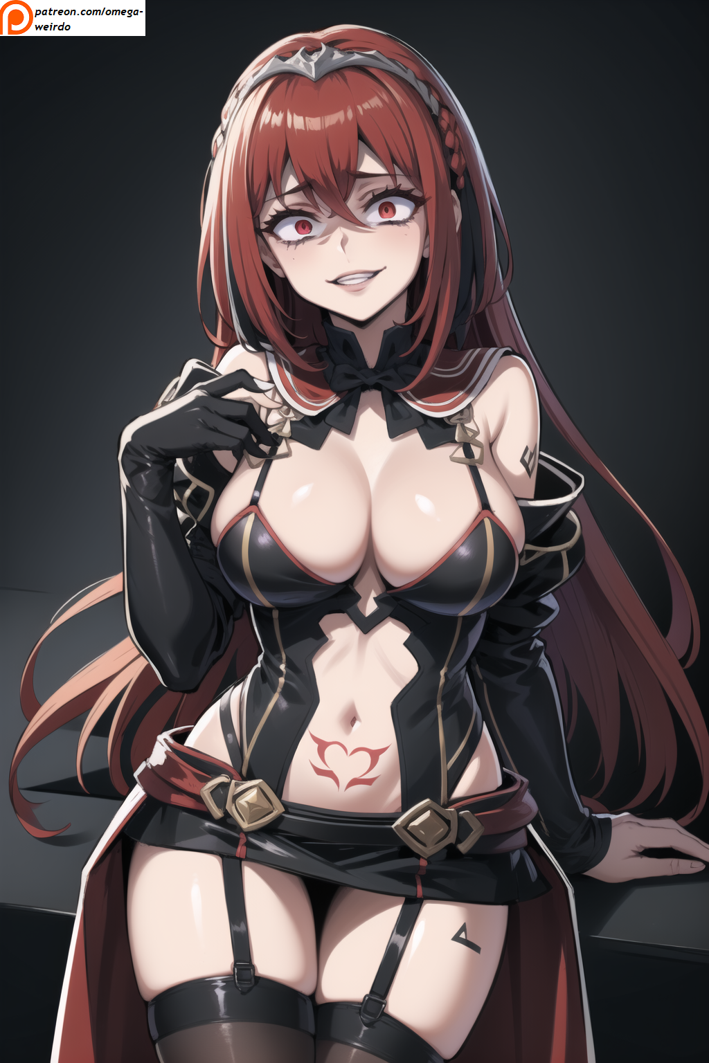 1girls ai_generated black_outfit crazy crazy_eyes crazy_smile red_hair