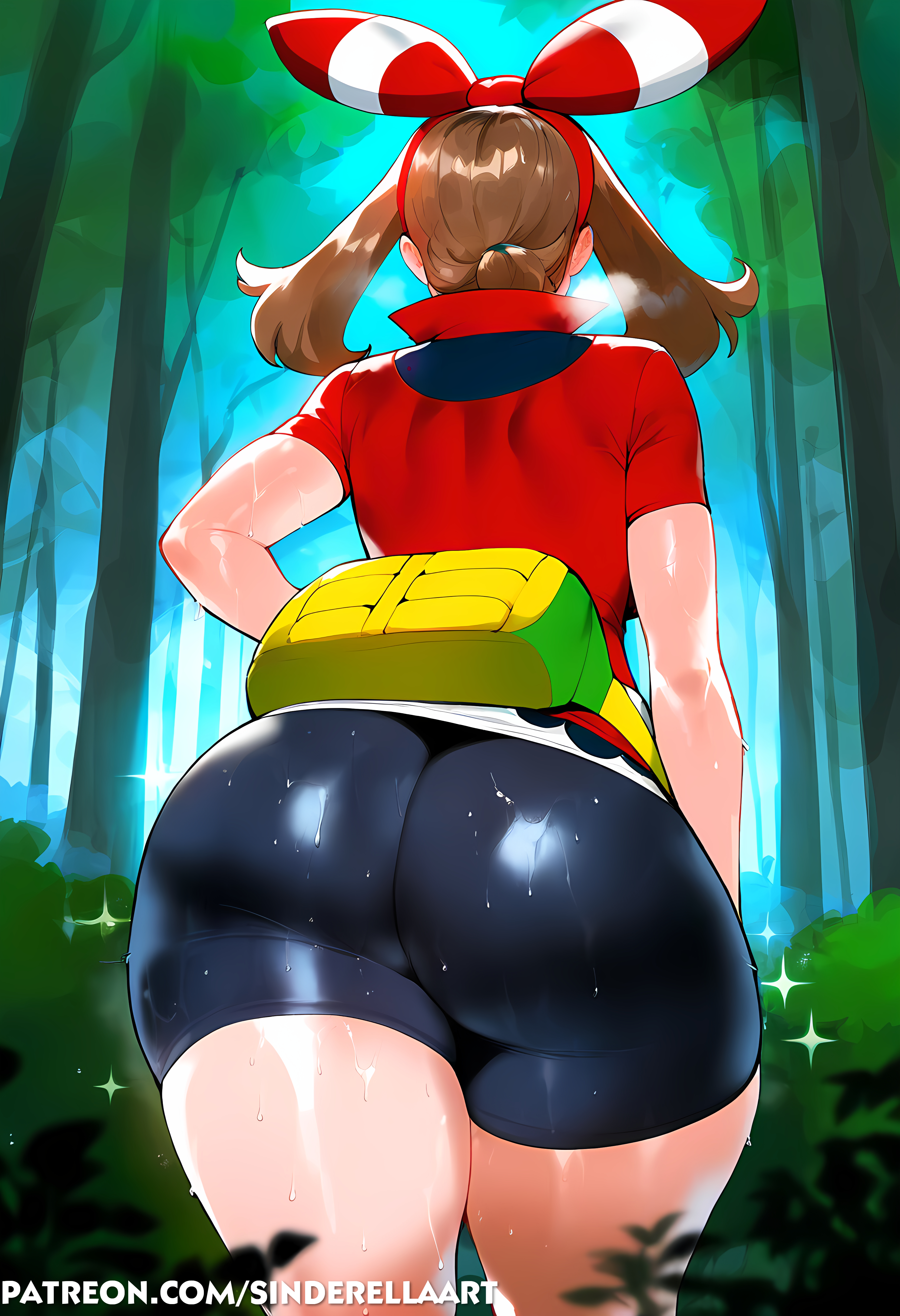 1girls, ai generated, ass, big ass, big breasts, big butt, black shorts, breasts, female, huge breasts, large ass, large breasts, may (pokemon oras), may (pokemon), pokemon, pokemon oras, red head, sinderellaart