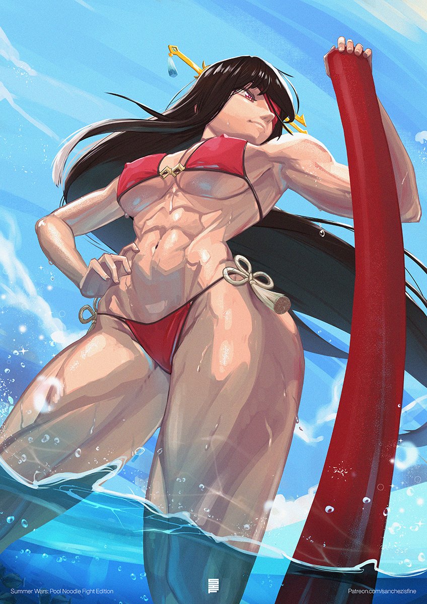 1girls 2022 abs beach beidou_(genshin_impact) bikini black_hair eyepatch genshin_impact holding_object long_hair muscular muscular_female navel patreon_username red_bikini sanchezisfine solo swimsuit thick_thighs underboob url